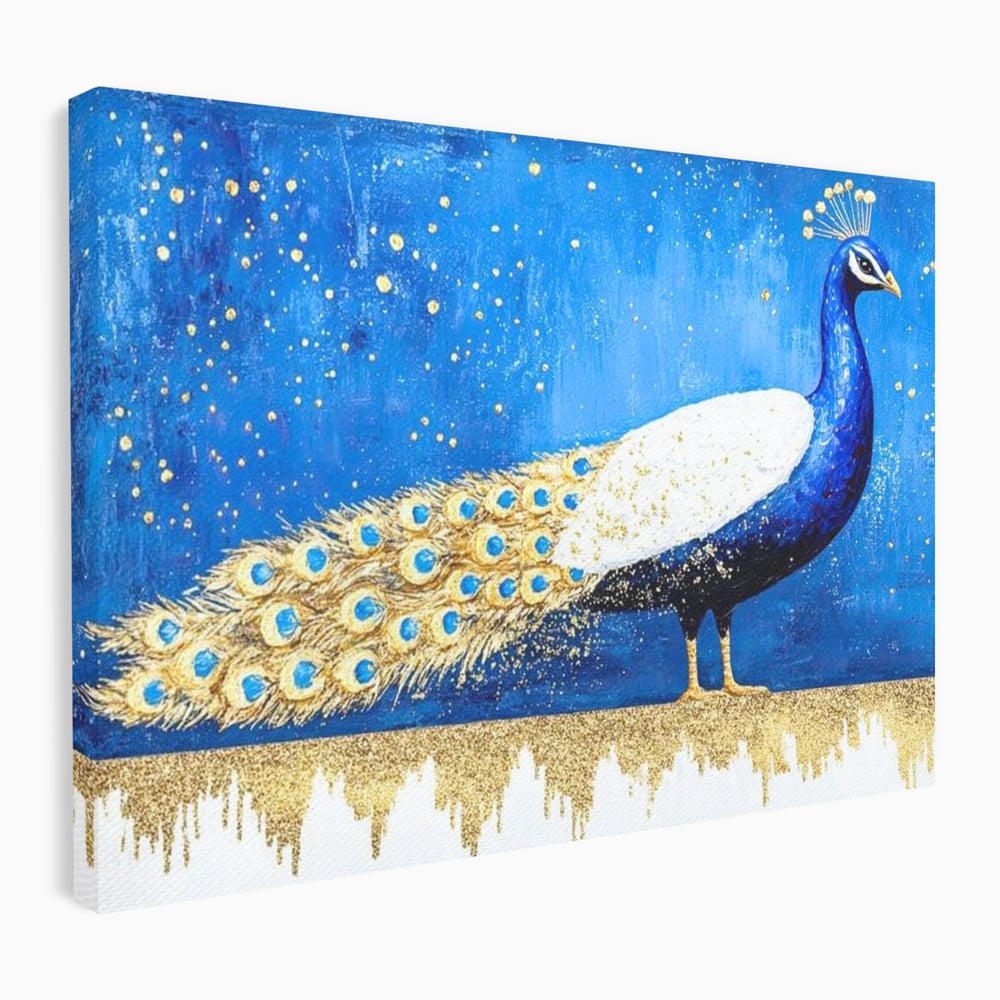 Tablou canvas cu tablou canvas cu paun in nuante de albastru si auriu, fara rama, pe sasiu de lemn